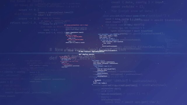 Abstract Digital Background with Scrolling Computer Code and Data Processing on Dark Blue Screen