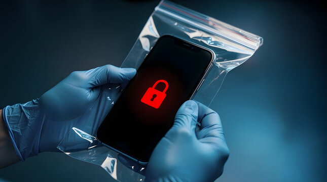 Gloved hands holding a smartphone inside a plastic evidence bag with a red lock icon on screen under dramatic low-key lighting, concept of cyber crime and digital forensic investigation