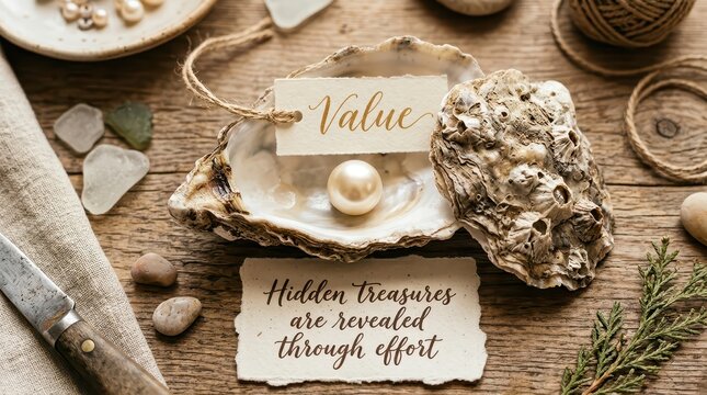 Oyster Shell with Pearl and Motivational Quotes on Wooden Background, Concept of Value and Effort, Hidden Treasures