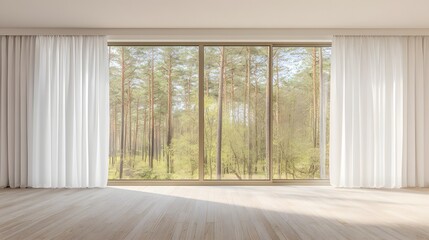 Fototapeta premium Minimalist living room with floor to ceiling forest view windows.