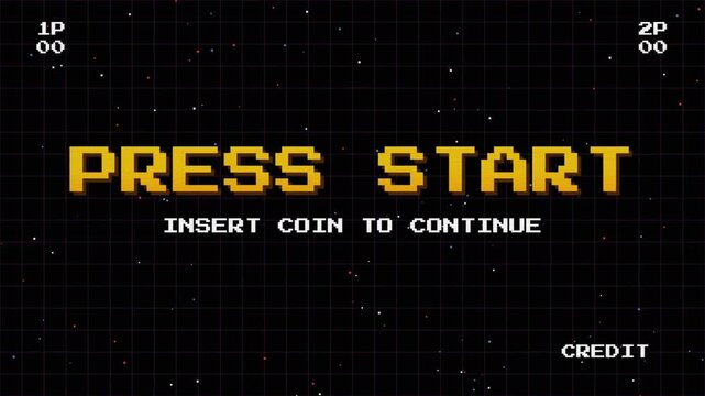 8bit Retro Arcade Press Start Screen with Pixel Art Text and Grid Background