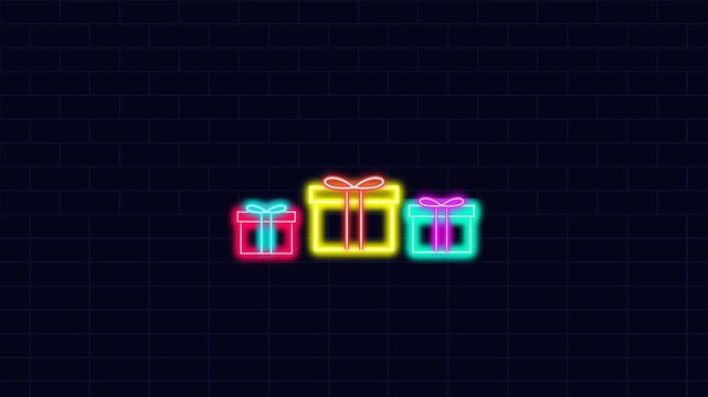 Neon Glowing Gift Boxes Icon Animation on Dark Background