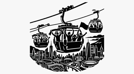 Illustrated cable cars over a cityscape. © Era