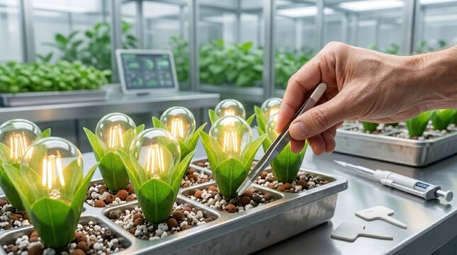Hand of scientist adjusting LED grow lights for indoor vertical farming plants, sustainable agriculture technology in modern greenhouse laboratory with digital monitoring system...