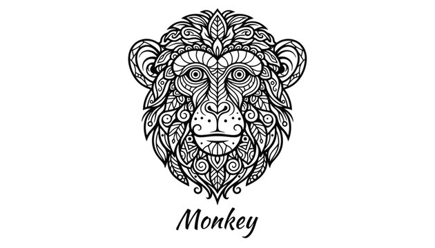 Highly detailed black and white zentangle mandala style monkey head portrait with intricate leaf patterns on a white background.