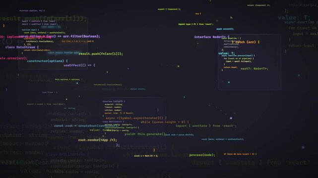 Digital screen displaying scrolling computer code with glowing syntax highlighting on a dark background