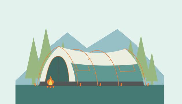 Large camping tent pitched in a pine forest with a small burning campfire in front of it and mountains behind.