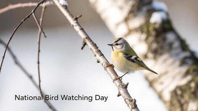 A small bird perched on a bare branch in a snowy environment, celebrating National Bird Watching Day