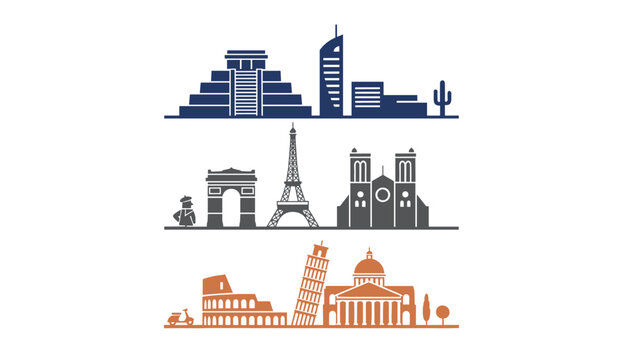 Famous world landmark silhouettes including the Eiffel Tower, Colosseum, and Pisa Tower arranged in three rows.