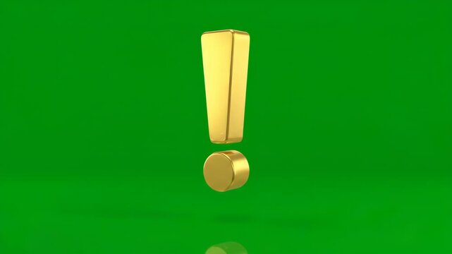 Three dimensional metallic gold exclamation mark icon rotating and floating smoothly against a vivid chroma key green screen background for video editing