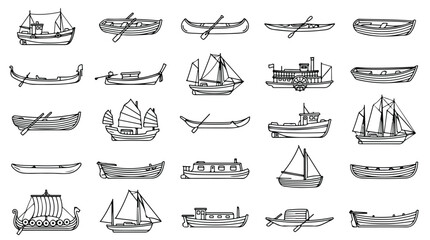 Hand drawn boat icons set, vintage nautical vessel sketches, collection of 25 black and white maritime transportation vector illustrations © usman