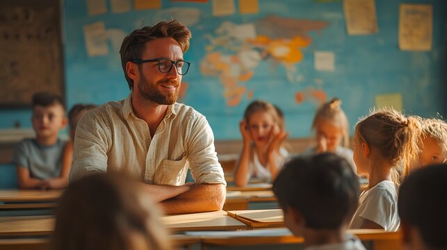 Teacher smiling while oblivious to students' misbehavior in classroom setting. Innocent expressions contrast with peer mockery. Bright, warm lighting highlights academic environment.