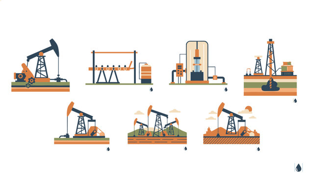 Collection of seven vector illustrations depicting various oil pumpjacks and petroleum drilling platforms.