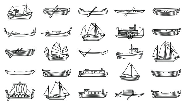 Hand drawn boat icons set, vintage nautical vessel sketches, collection of 25 black and white maritime transportation vector illustrations