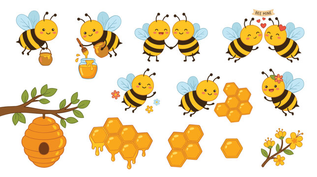 Springtime honey bee themed sticker set in cute doodle style, flying insects, buzzing hives, sweet honey, flowers, and love.