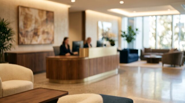 A modern office reception area with two receptionists at a wooden desk, comfortable seating, and large windows.
