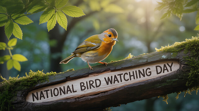 A colorful bird perches on a moss-covered sign reading 'National Bird Watching Day' in a forest setting.