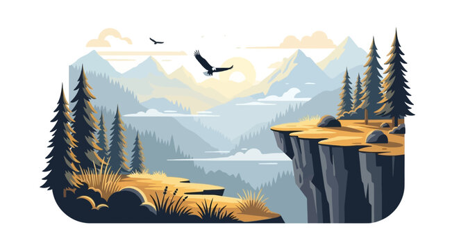 Eagle flying over majestic mountain cliffs and pine forest