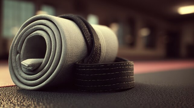 Rolled martial arts belts on a training mat in a gym setting, showcasing black and grey colors with a blurred background of training space