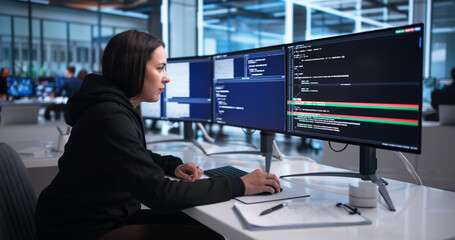 Fototapeta premium Young Woman Developer Examines Code Changes Using Visual Merge Tool