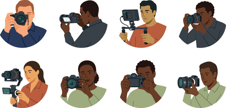 Photographers and Videographers Avatar Icon Set Featuring Diverse Media Creators with DSLR Cameras, Gimbals, and External Field Monitors in Circular Frames