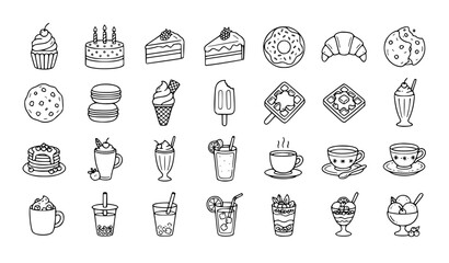 Sweet Desserts and Beverages Line Art Icons Collection Editable Stroke Food Vector Set
