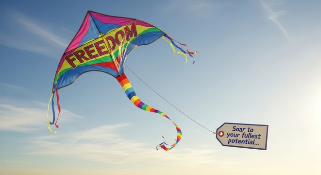 Vibrant kite with the word FREEDOM written on it soaring high in a clear blue sky with a motivational tag attached