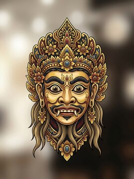 Ornate golden mythical mask with intricate floral crown and fangs