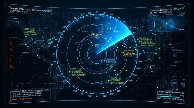 Futuristic digital radar interface data detection and monitoring technology. Blue scanning beam over grid display represents cybersecurity, surveillance systems, advanced digital tracking
