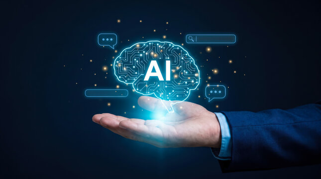 A Business Professional Holding a Glowing Digital Artificial Intelligence Brain Concept on a Dark Blue Background