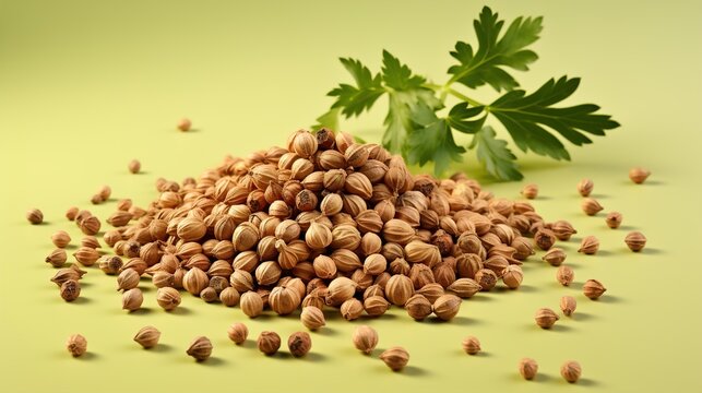A pile of coriander seeds with a sprig of fresh parsley on a yellow background