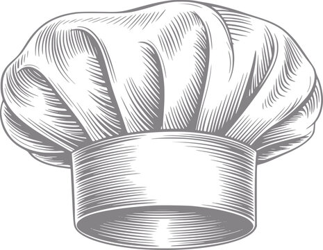 Grabado detallado estilo vintage de un cl&aacute;sico gorro blanco de chef aislado sobre un fondo liso