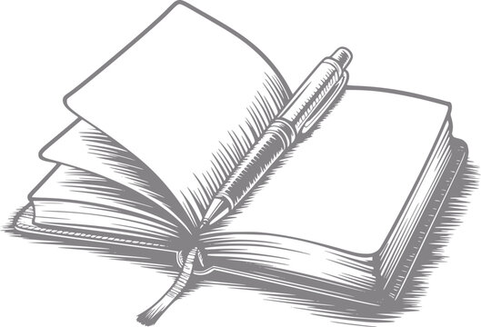 Dibujo a mano detallado estilo vintage de un cuaderno abierto con una pluma descansando en las p&aacute;ginas en blanco
