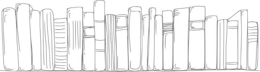 Dibujo a mano de una fila de libros de pie en un estante, aislado sobre un fondo blanco © Vector_Mint