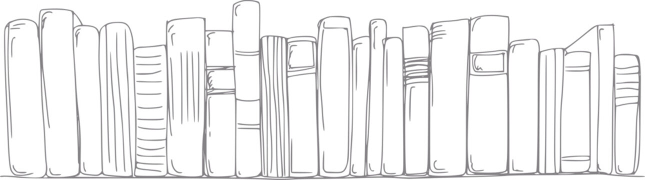 Dibujo a mano de una fila de libros de pie en un estante, aislado sobre un fondo blanco