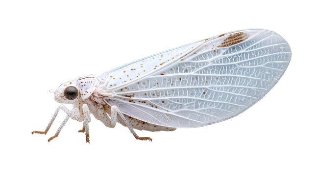 White planthopper insect with lace wings close up isolated on the transparent background