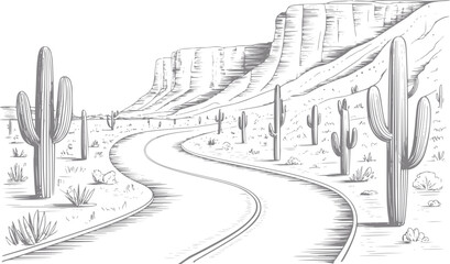 Dibujo a mano de una carretera sinuosa en el desierto a través de un paisaje escénico con altos cactus saguaro y mesetas © Vector_Mint
