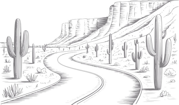Dibujo a mano de una carretera sinuosa en el desierto a trav&eacute;s de un paisaje esc&eacute;nico con altos cactus saguaro y mesetas