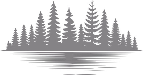 Obraz premium Silueta gris minimalista de un bosque de pinos reflejada en agua tranquila, aislada sobre un fondo blanco limpio
