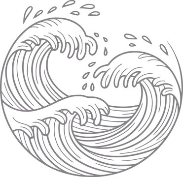 L&iacute;nea circular minimalista con olas de oc&eacute;ano estilizadas con gotas de agua salpicando en gris