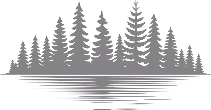Silueta gris minimalista de un bosque de pinos reflejada en agua tranquila, aislada sobre un fondo blanco limpio