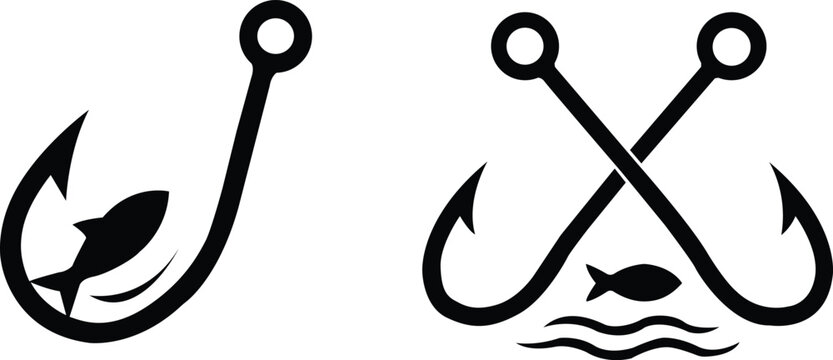 Minimalist black fishing hook icons featuring small fish silhouettes isolated on a clean white background design.
