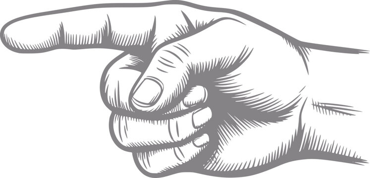 Dibujo a mano estilizado de una mano humana se&ntilde;alando a la izquierda, aislado sobre un fondo blanco liso