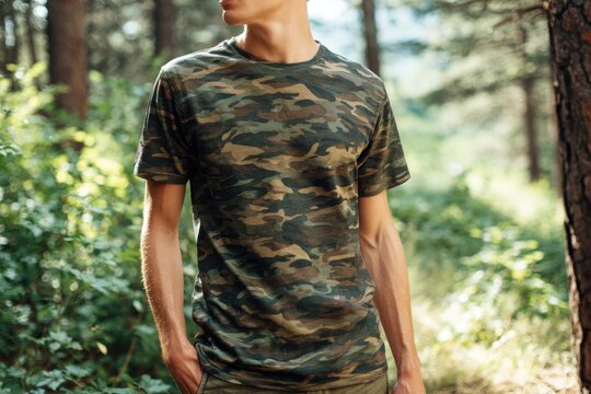 Man wearing camouflage t shirt in forest outdoor apparel and military inspired fashion