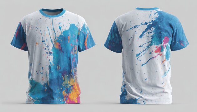 Vibrant splatter paint t shirt mockup front and back view for print on demand designs