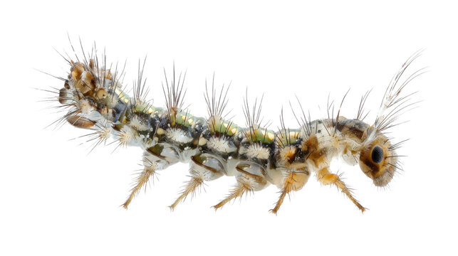 Hairy caterpillar larva crawling isolated macro view on the transparent background