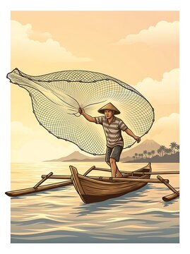 Asian fisherman casting a net from an outrigger boat at sunset