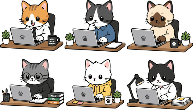Cute cats working on laptop cartoon character set vector illustration. Happy kitten office workers and business cats collection typing on computer, writing notes, and freelancing at desks with coffee 