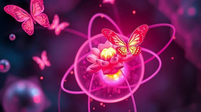 A breathtaking and surreal digital artwork depicting a stylized lotus flower at the center of an atomic orbital model, glowing with vibrant pink and magenta light