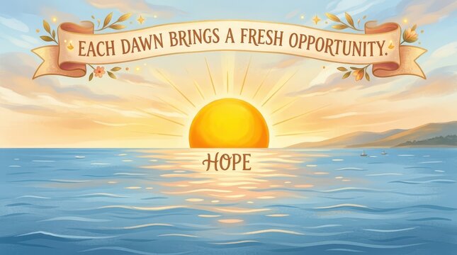Sunrise over ocean with quote "Each dawn brings a fresh opportunity." and the word HOPE, inspirational concept.